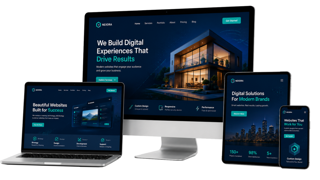 Responsive website design displayed on desktop, laptop, tablet and mobile devices